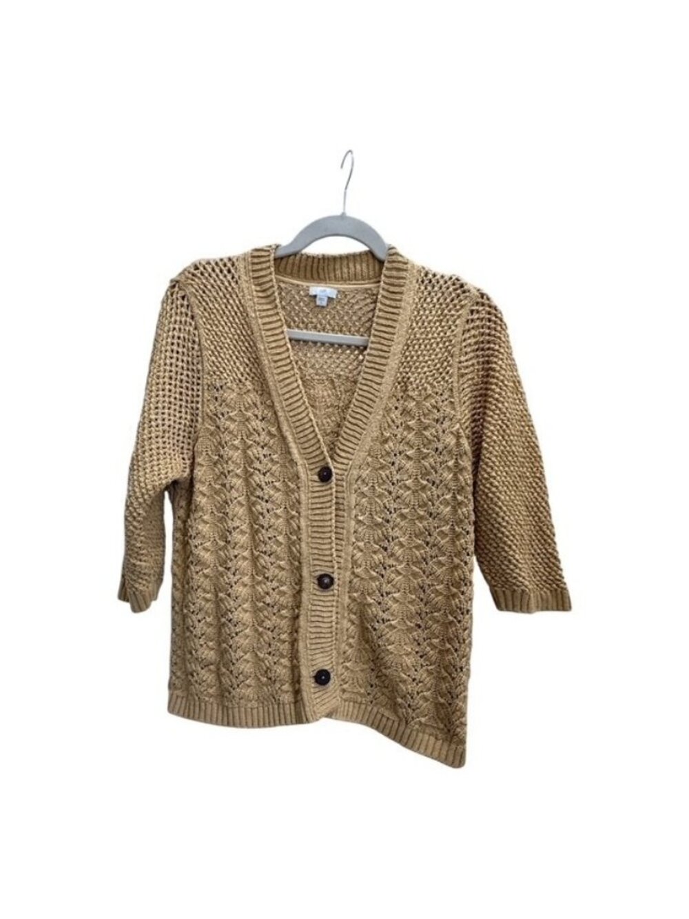 J Jill Womens Sweater Chunky Knit Cardigan Size XL Buttons Fisherman Gold Tan V